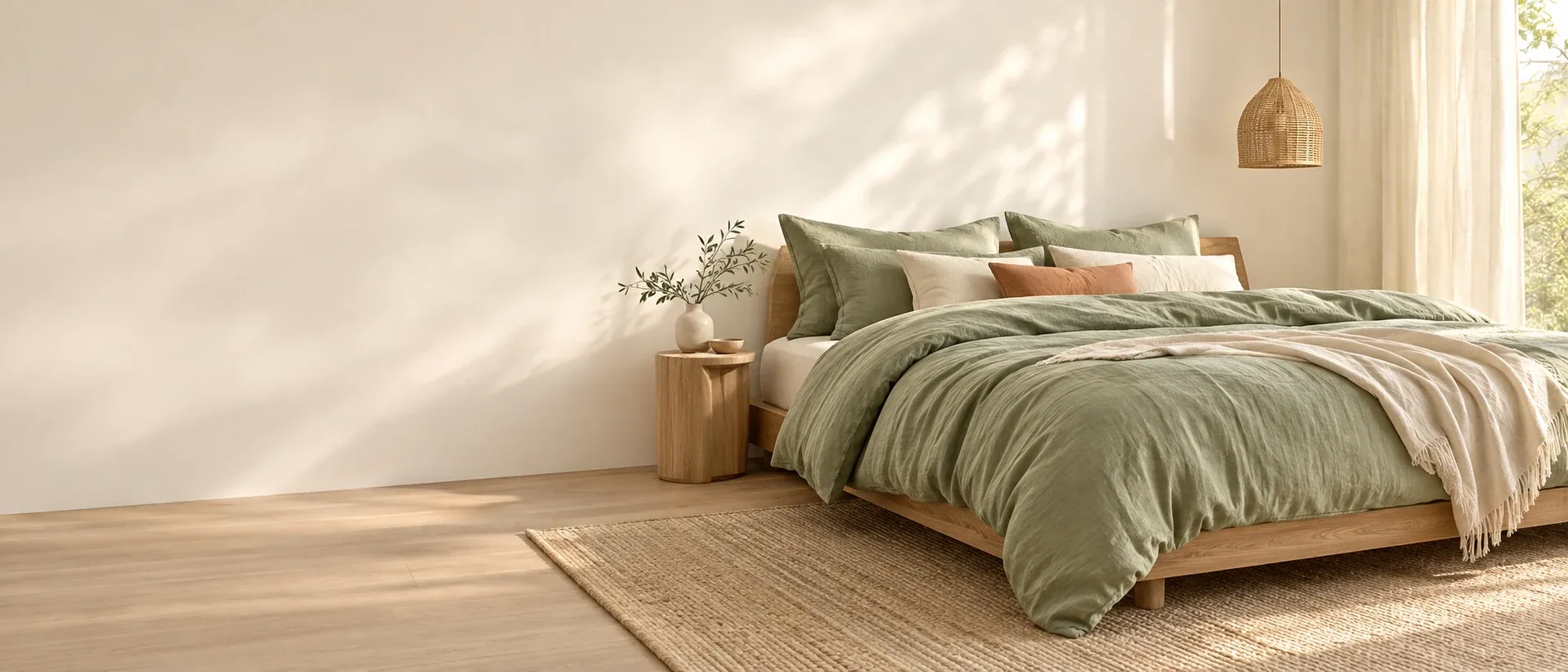 Phòng ngủ sáng với chăn ga xanh dịu và ánh sáng tự nhiên